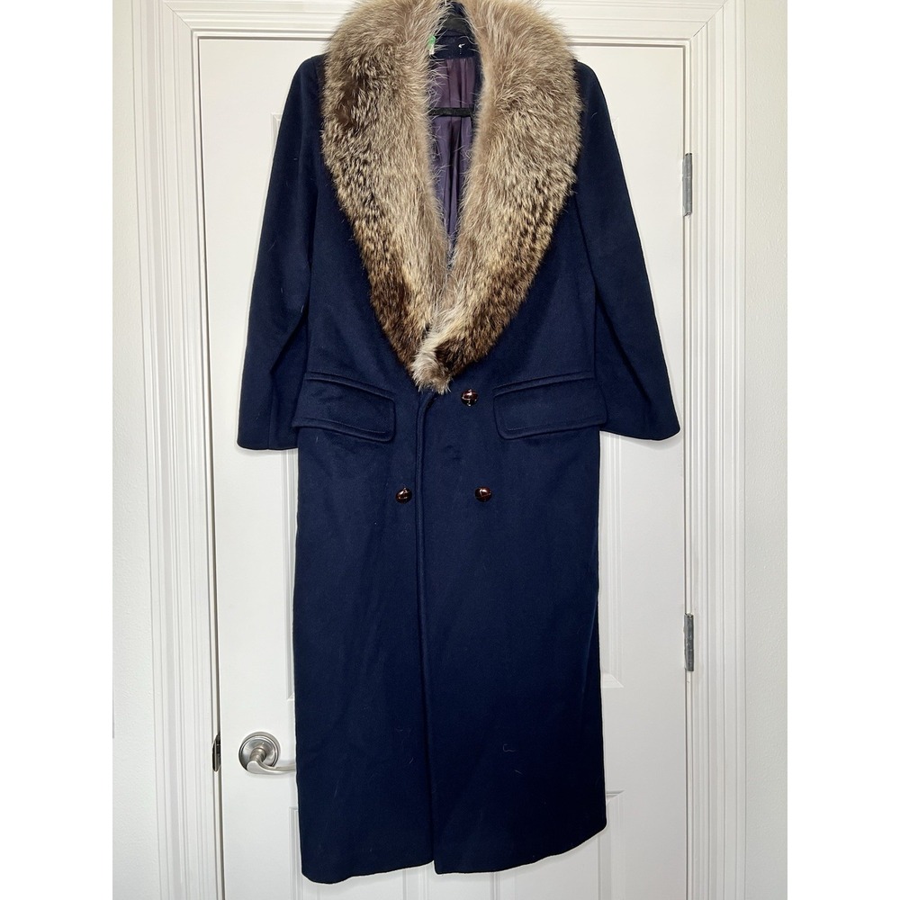 JILL JR Vintage‎ Navy Wool Fox Fur Collar Coat SMALL-MEDIUM maxi union 60-70s